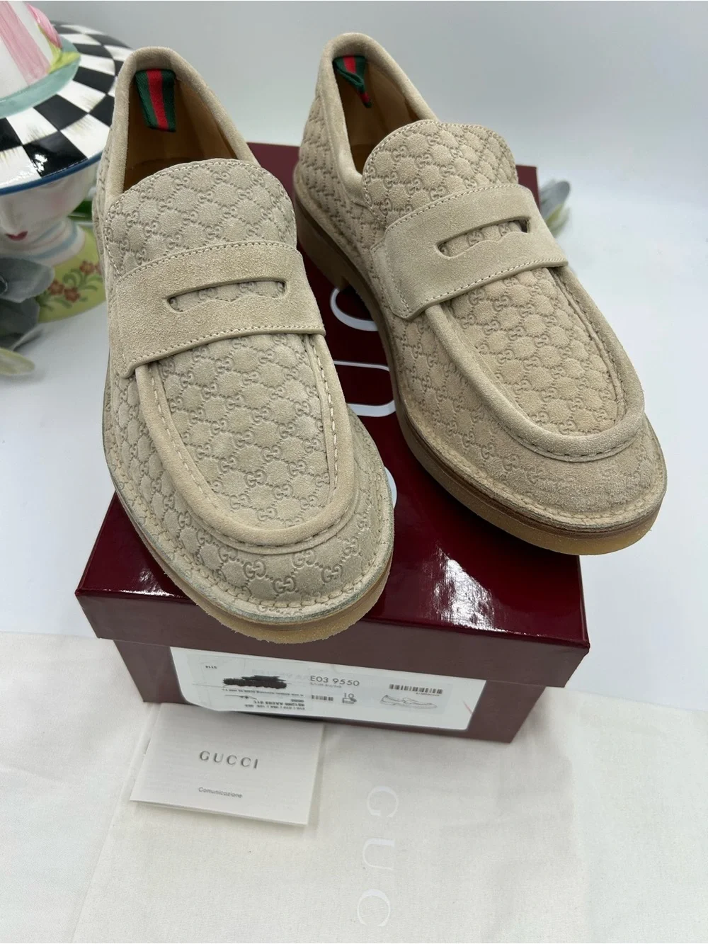 Men's Gucci, GG monogram web loafers size 10 fits 10.5  US made in Italy